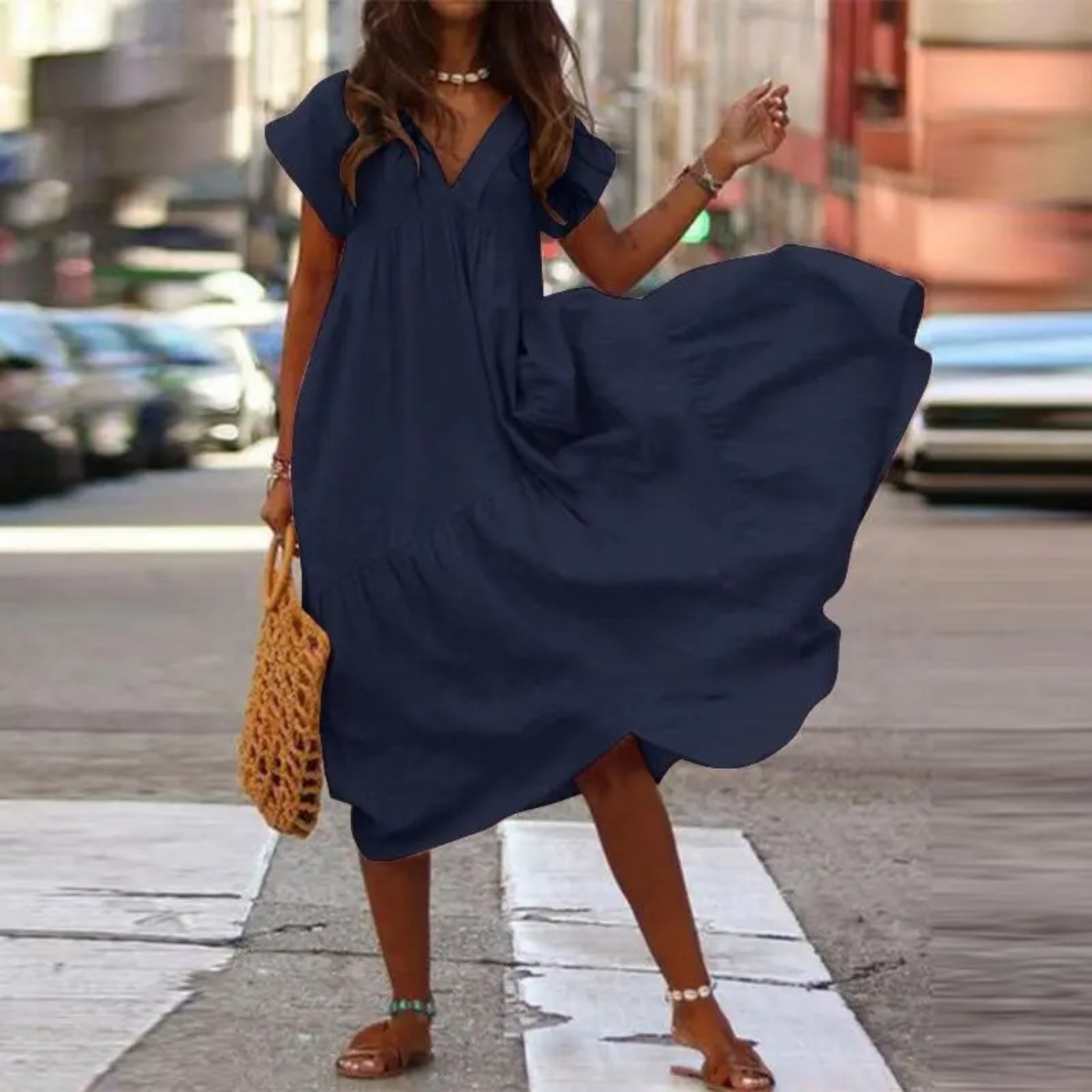 Elegantes Maxi-Blusenkleid mit V-Ausschnitt und Rüschen