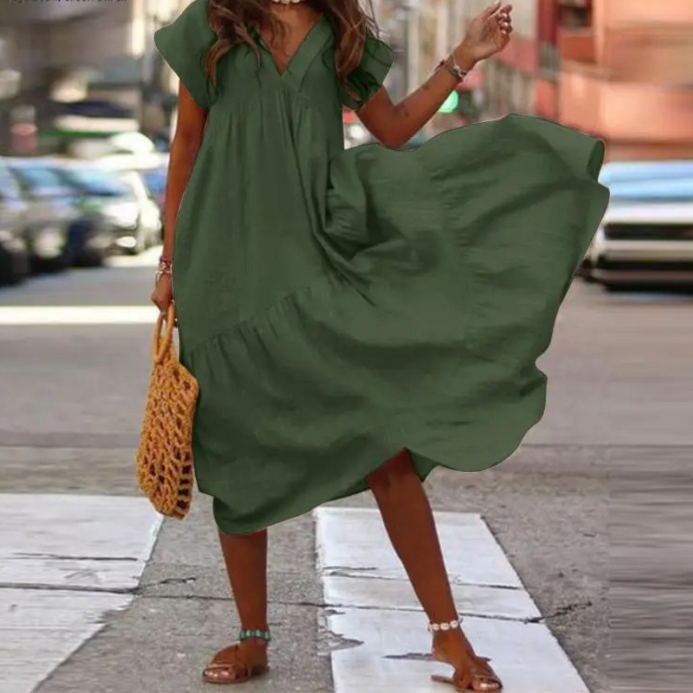 Elegantes Maxi-Blusenkleid mit V-Ausschnitt und Rüschen