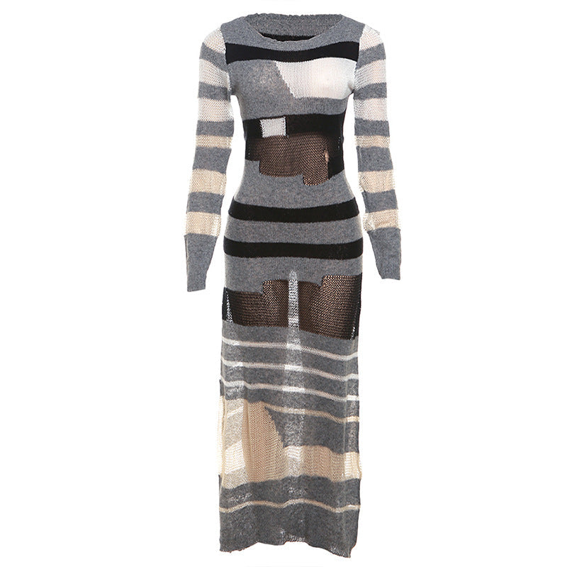Elegantes Strick-Maxikleid mit Streifenmuster