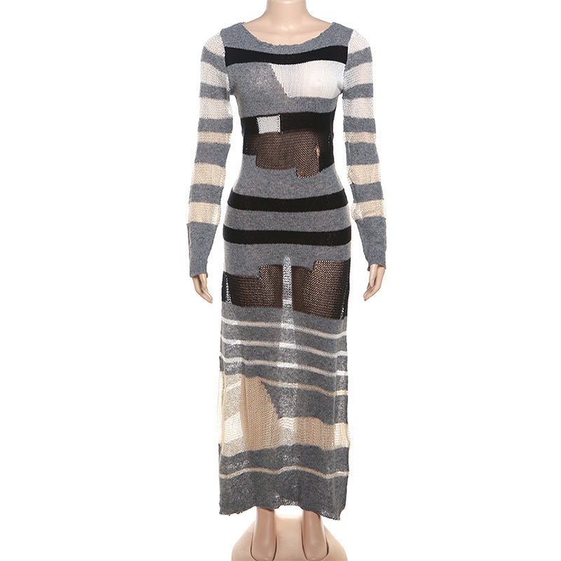 Elegantes Strick-Maxikleid mit Streifenmuster