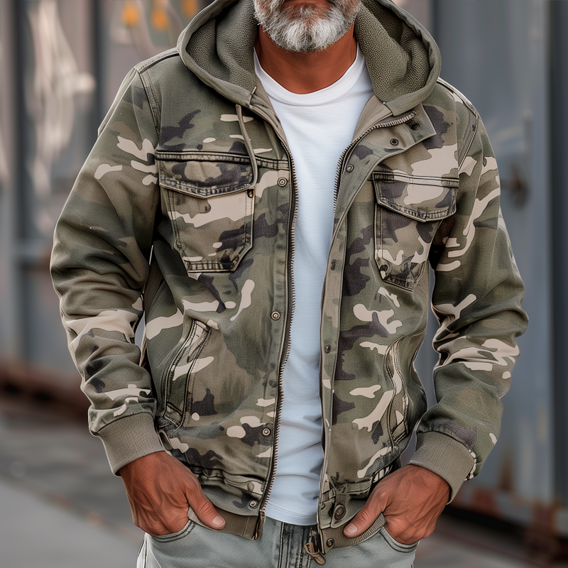 Jeansjacke für Herren - Camouflage Übergangsjacke mit Kapuze