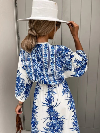 Elegantes V-Ausschnitt Blumen Grorock Kleid