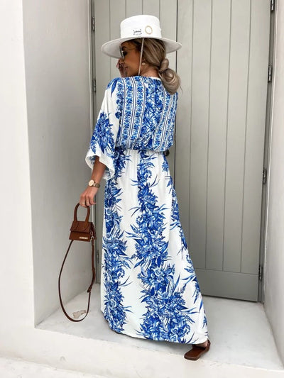 Elegantes V-Ausschnitt Blumen Grorock Kleid