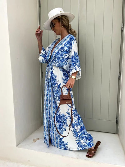 Elegantes V-Ausschnitt Blumen Grorock Kleid